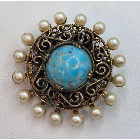 Vintage Faux Turquoise & Faux Pearl Victorian Style Brooch - Picture 1 of 3